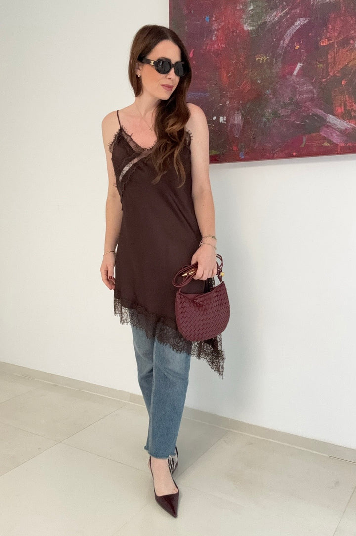 Langes Oberteil/Kleid mit Spitze - Braun