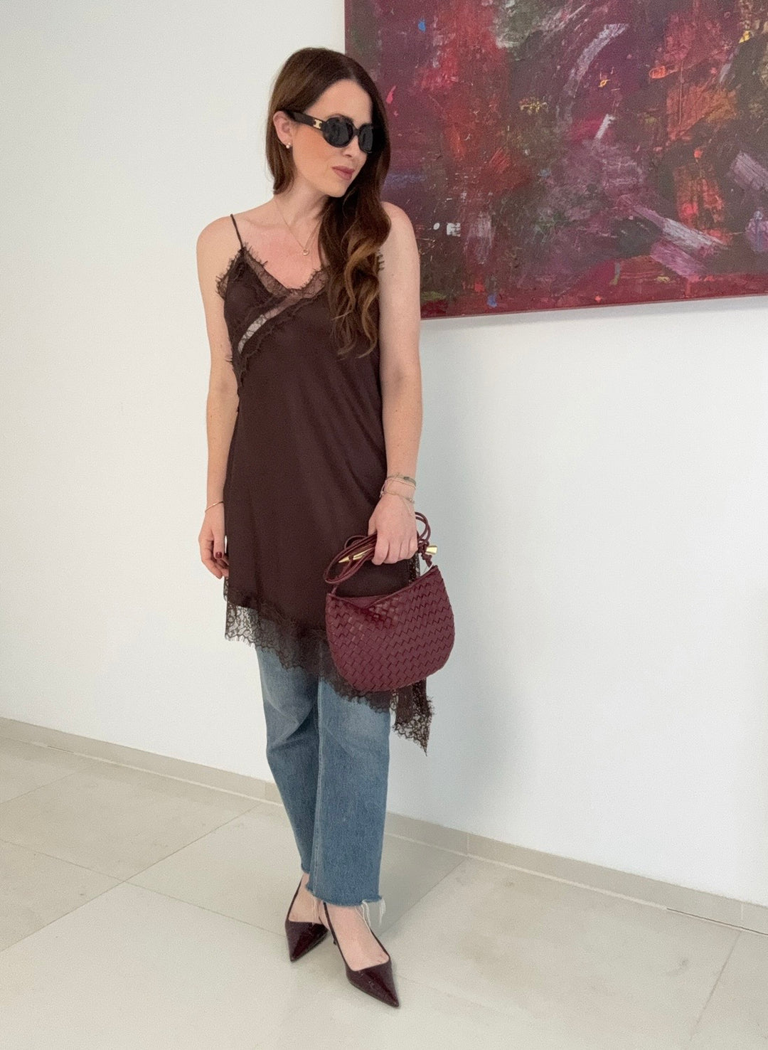 Langes Oberteil/Kleid mit Spitze - Braun