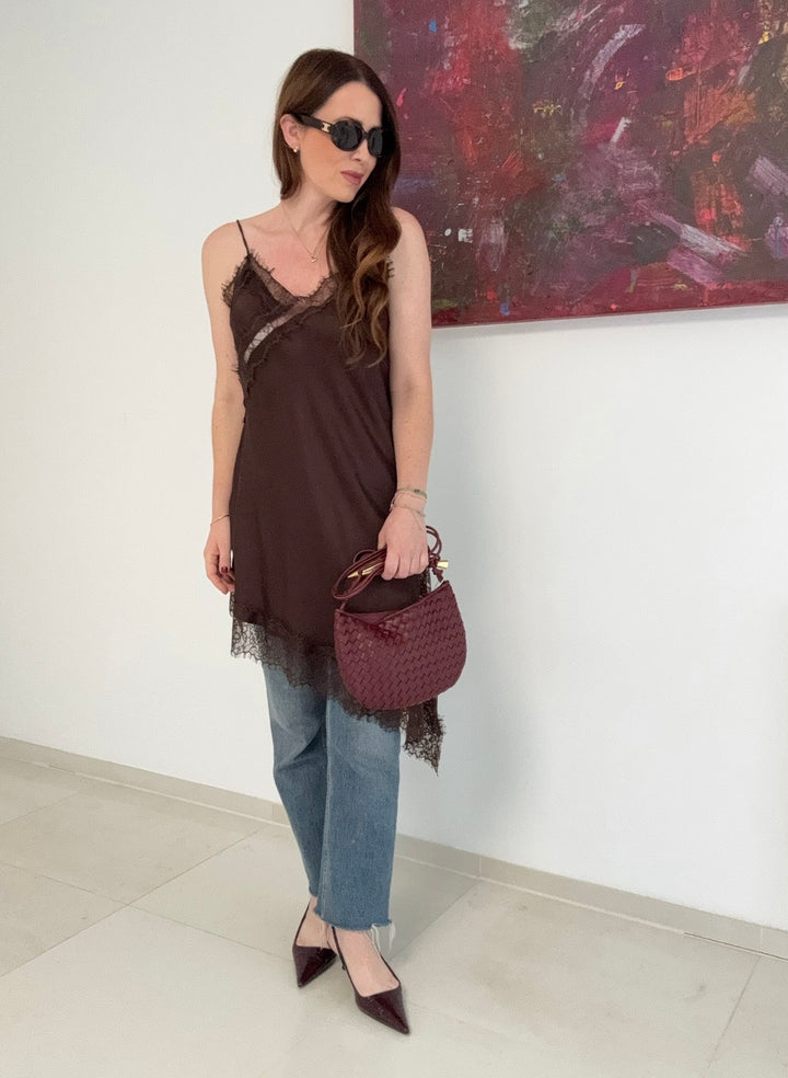 Langes Oberteil/Kleid mit Spitze - Braun