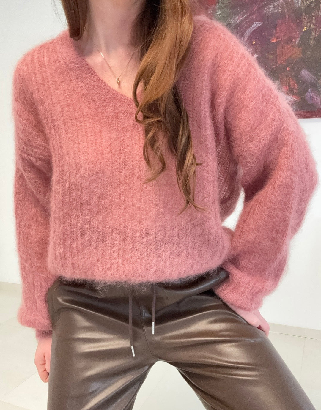 Mohair-Pullover V-Ausschnitt - Beere