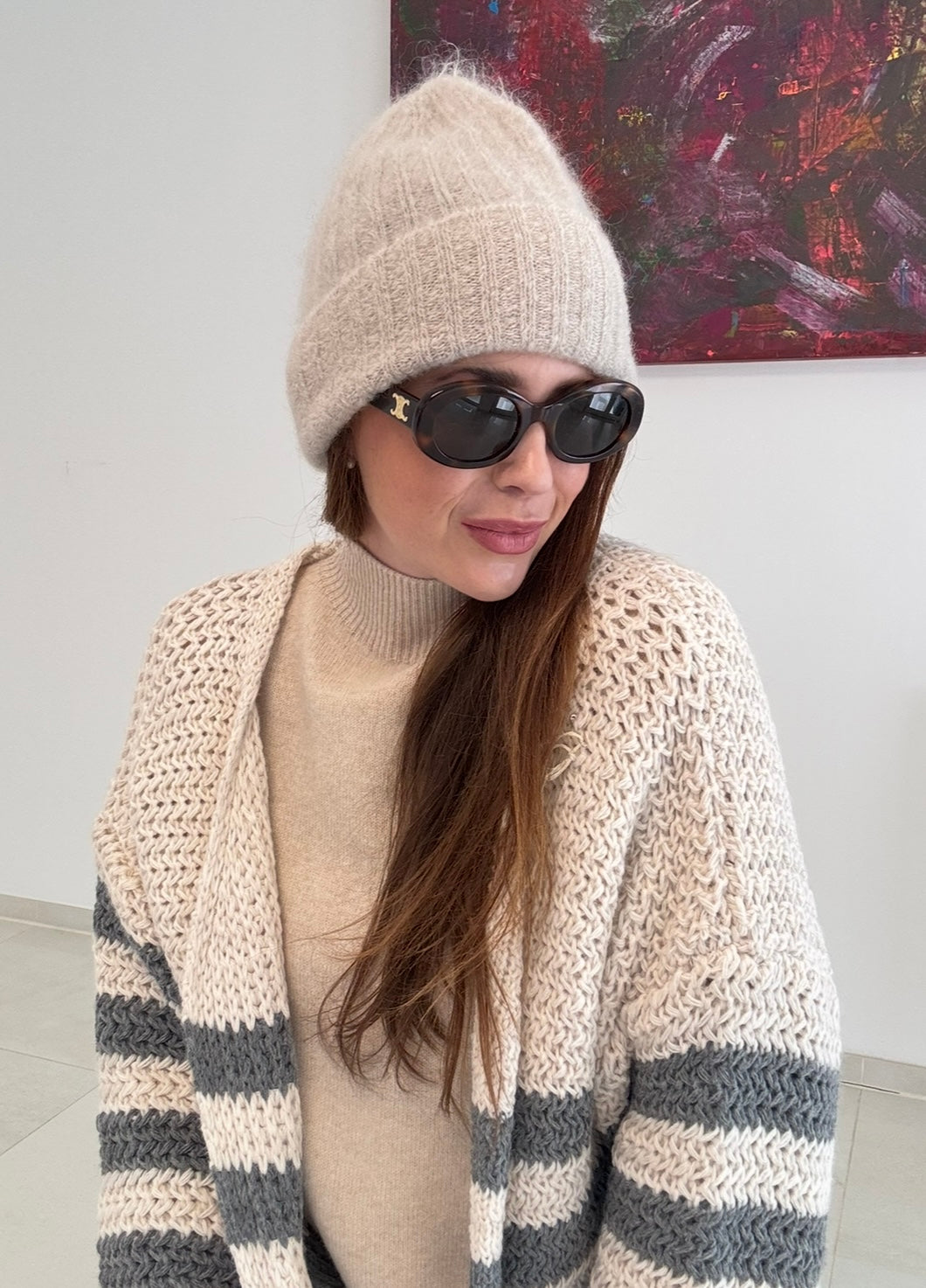 (102) Mütze aus Mohair - Beige