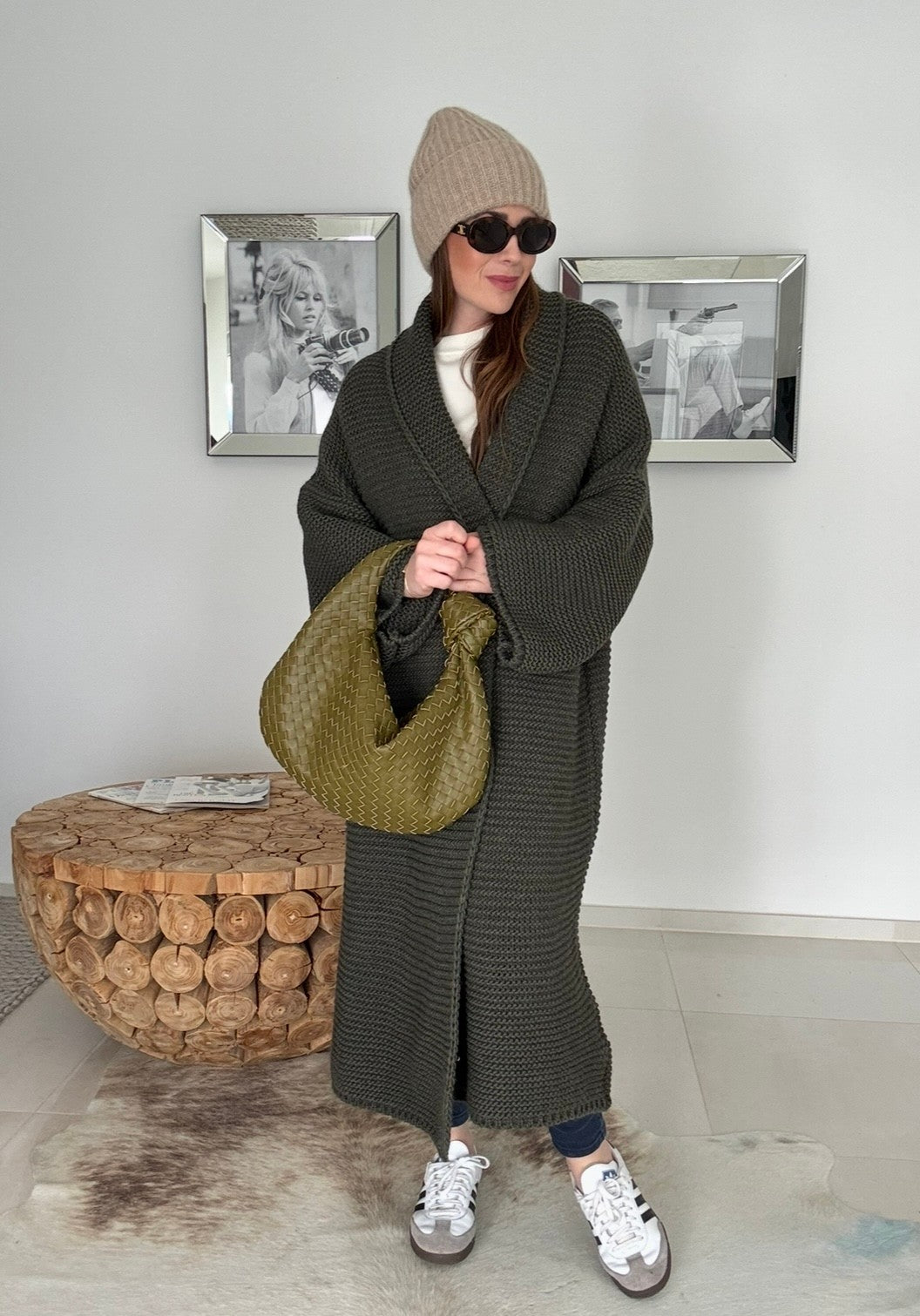 Grobe Oversize-Strickjacke - Khaki