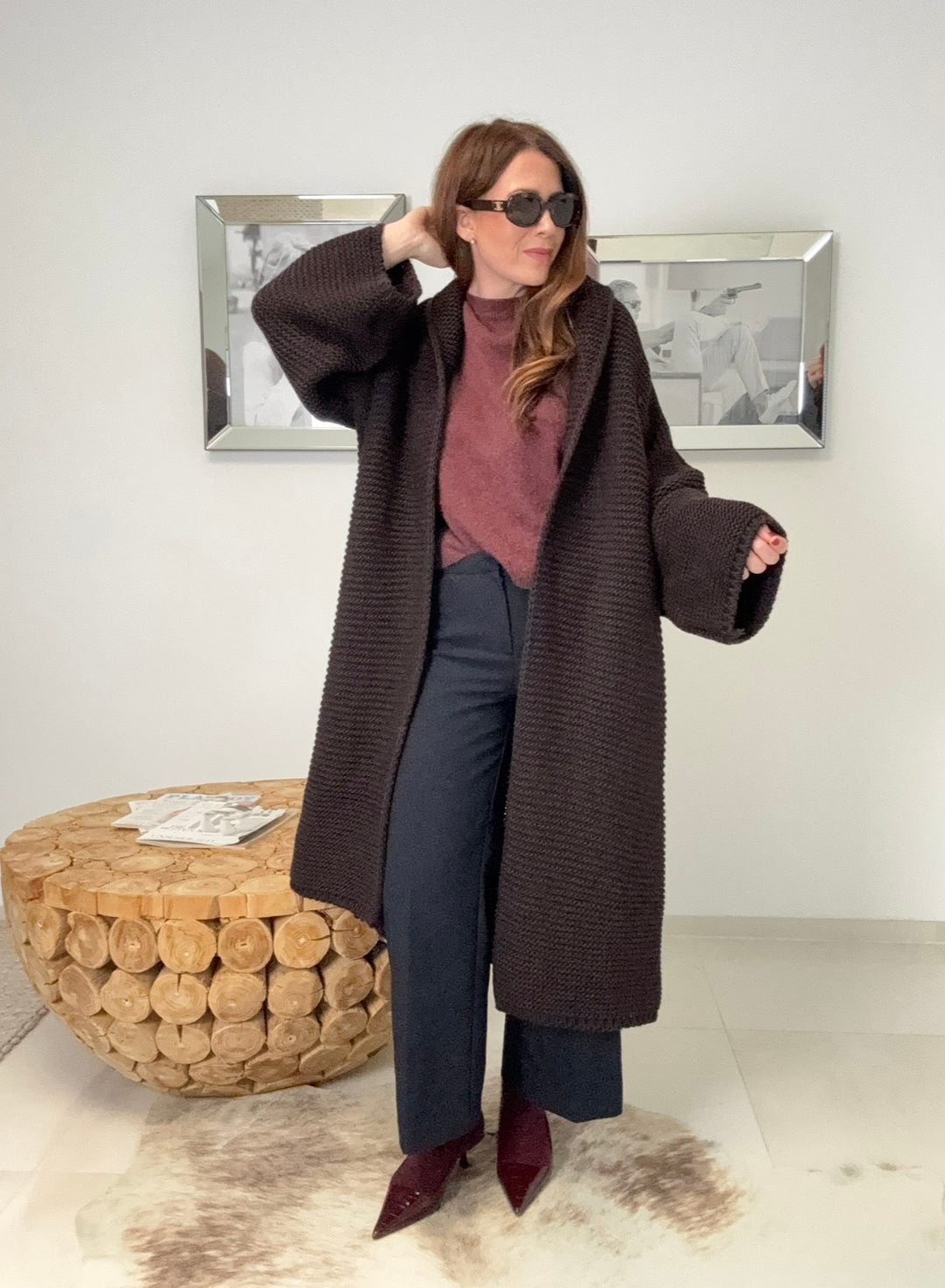 Grobe Oversize-Strickjacke - Dunkelbraun