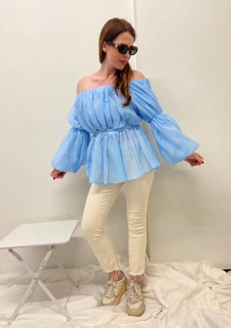 Off-Shoulder Bluse - Blau