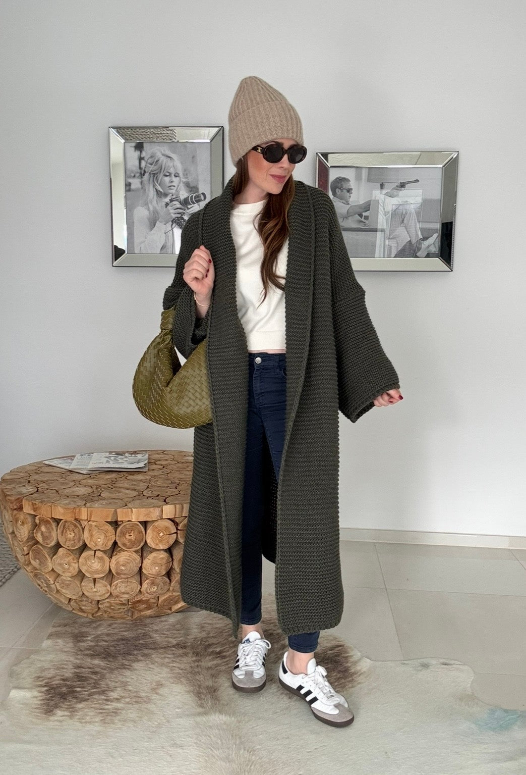 Grobe Oversize-Strickjacke - Khaki