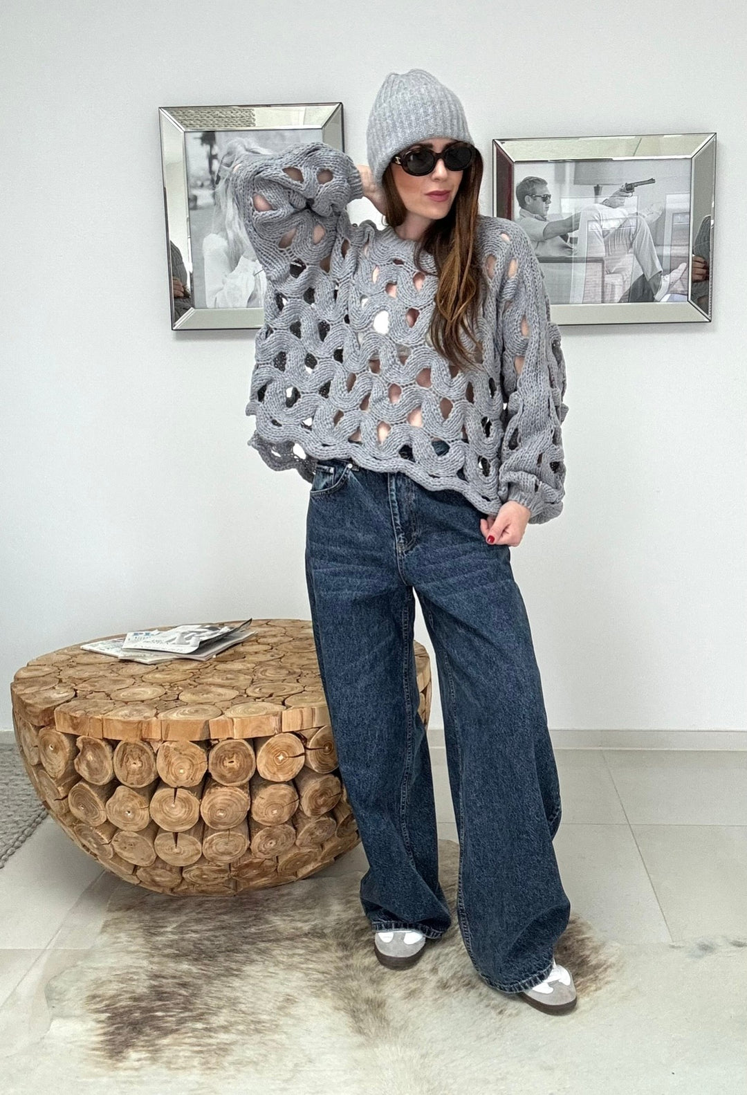 Lochstrickpullover - Grau