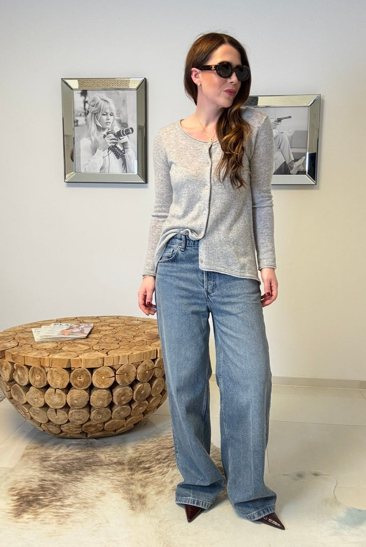 100% Kaschmir Cardigan - Grau (Mini Loch)