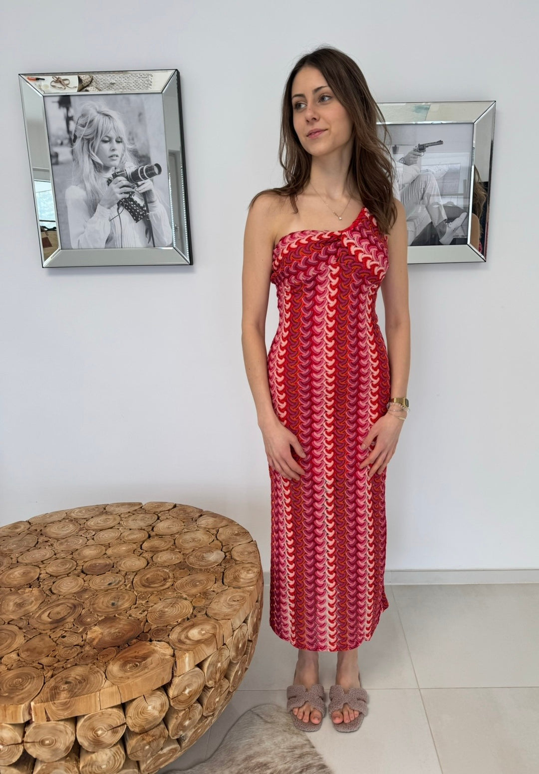One-Shoulder Kleid - Rot/Rosa