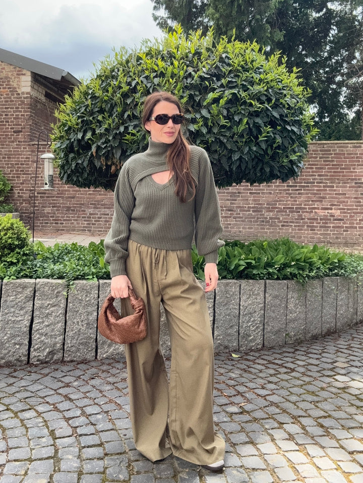 Weite Stoffhose mit Gummi - Khaki
