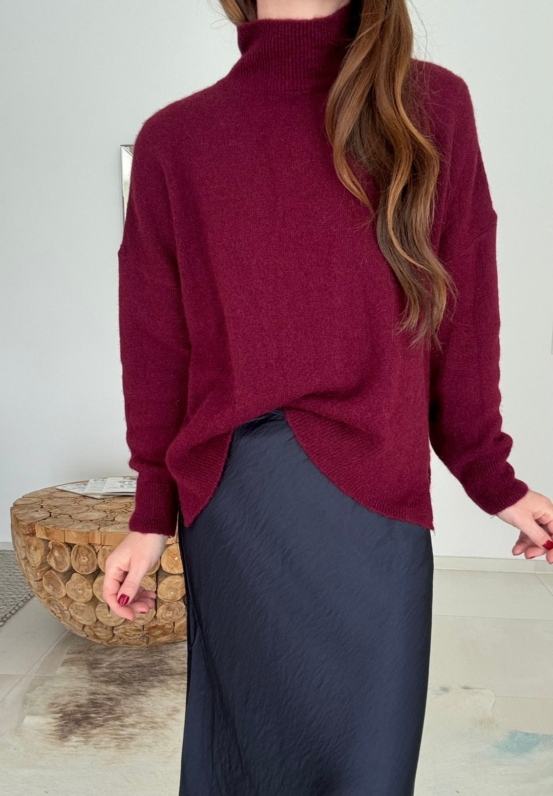 Rollkragenpullover aus Alpaka- Bordeaux