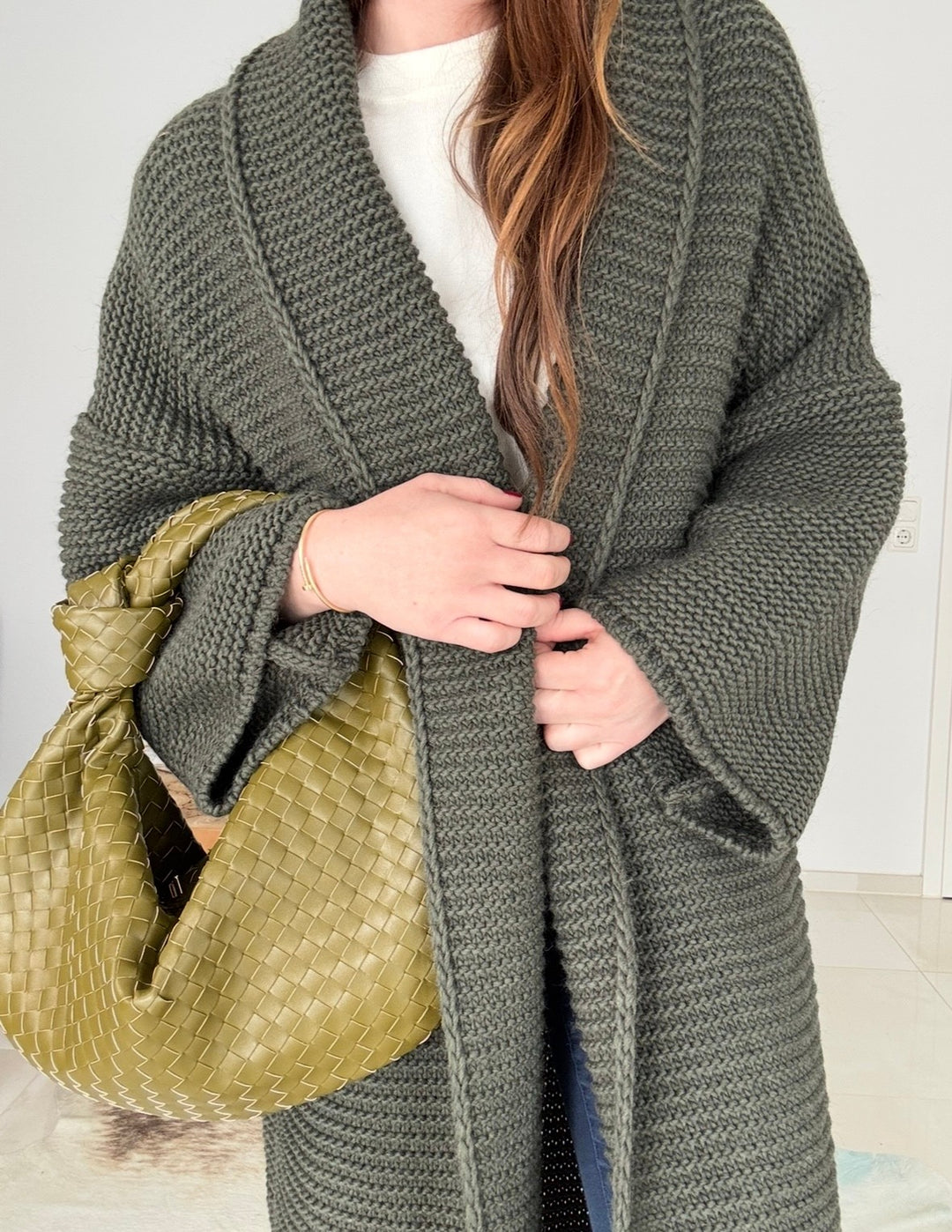 Grobe Oversize-Strickjacke - Khaki