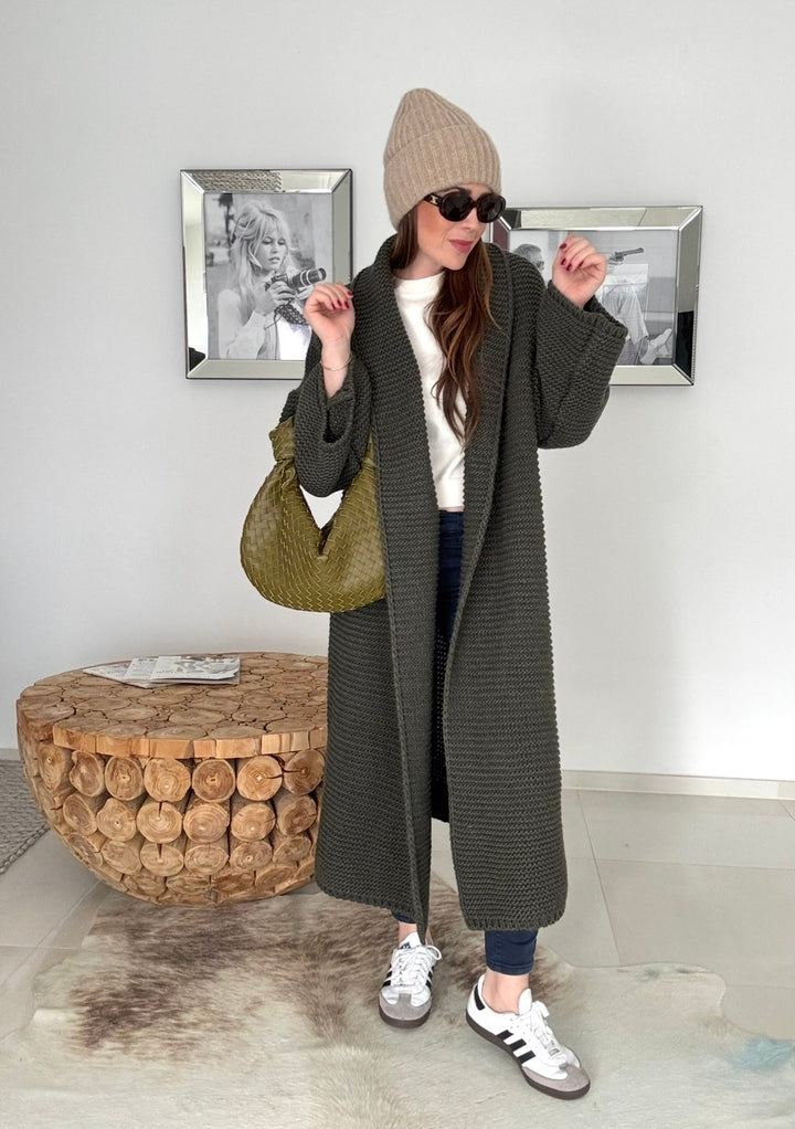 Grobe Oversize-Strickjacke - Khaki