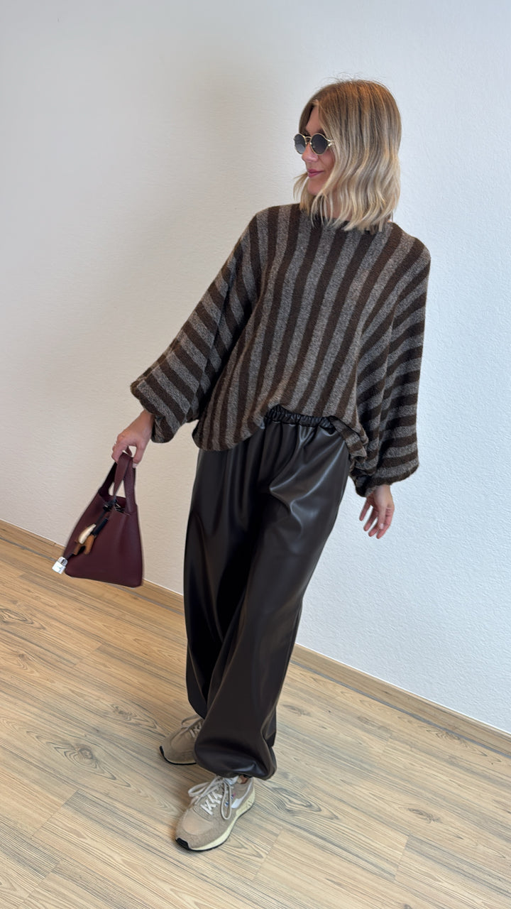 Weiter Pullover mit Alpaka - Taupe/Braun