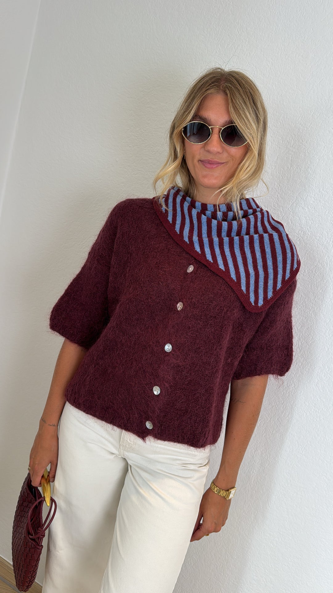Mohair-Cardigan - Burgunder (Kurzarm)