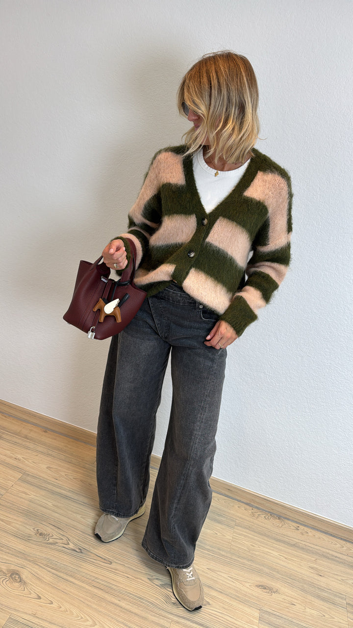 Gestreifter Cardigan - Khaki
