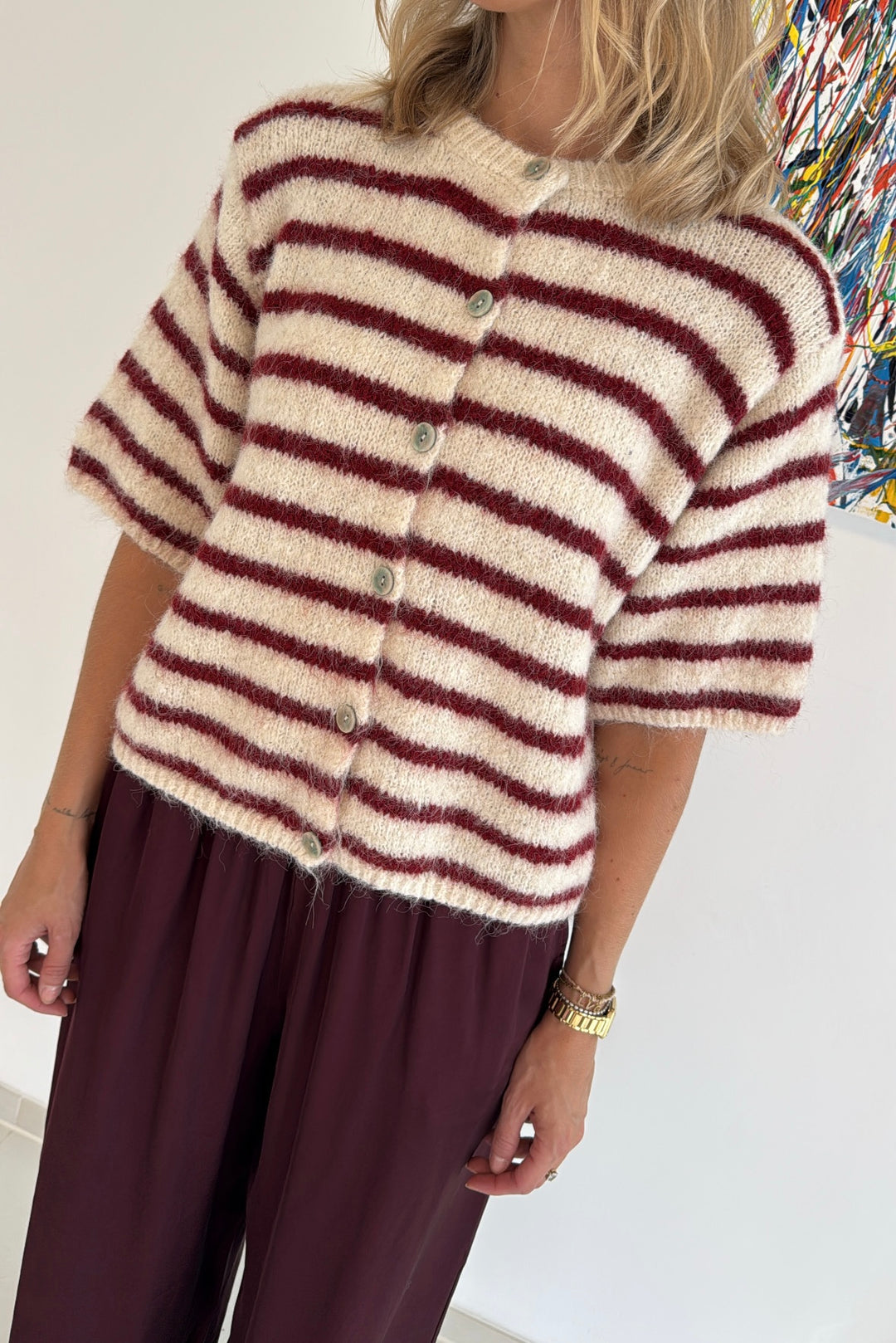 Cardigan gestreift - Burgunder
