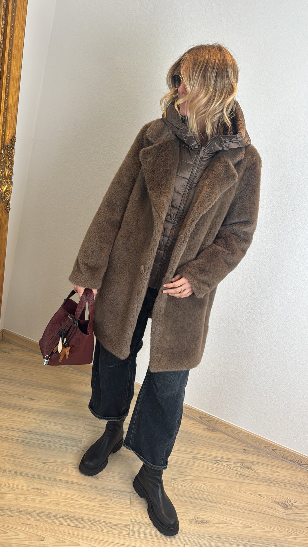Fake-Fur Mantel - Taupe