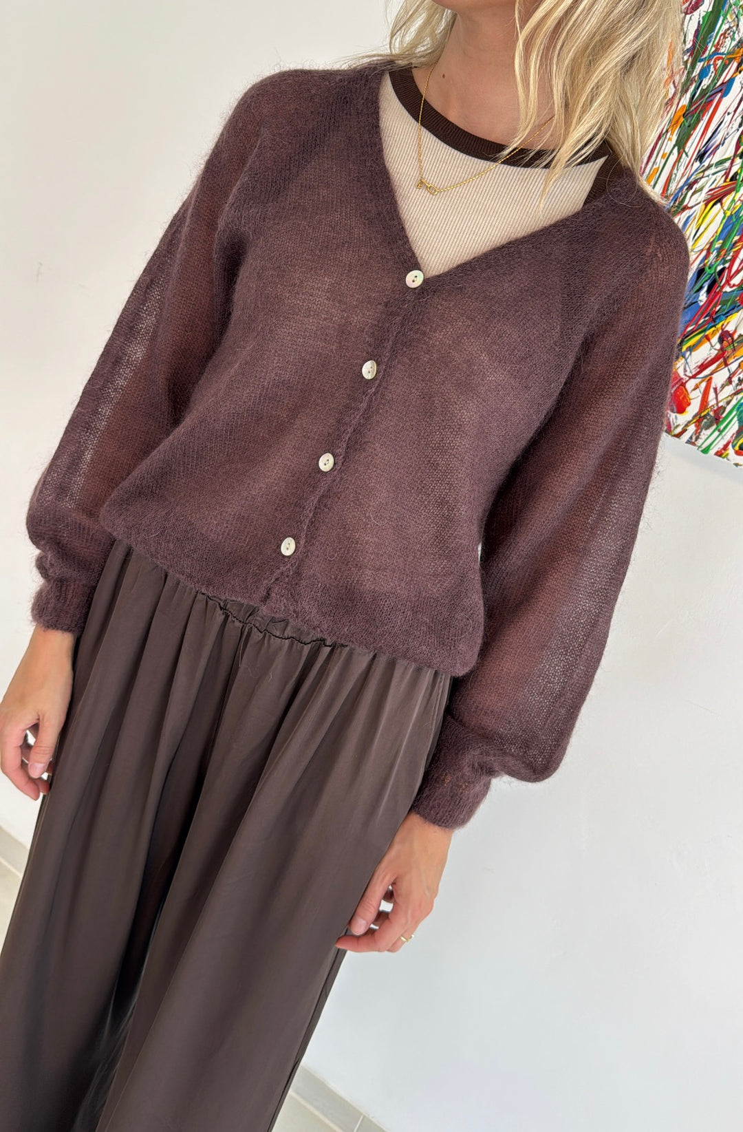 Dünne Mohair-Strickjacke - Braun