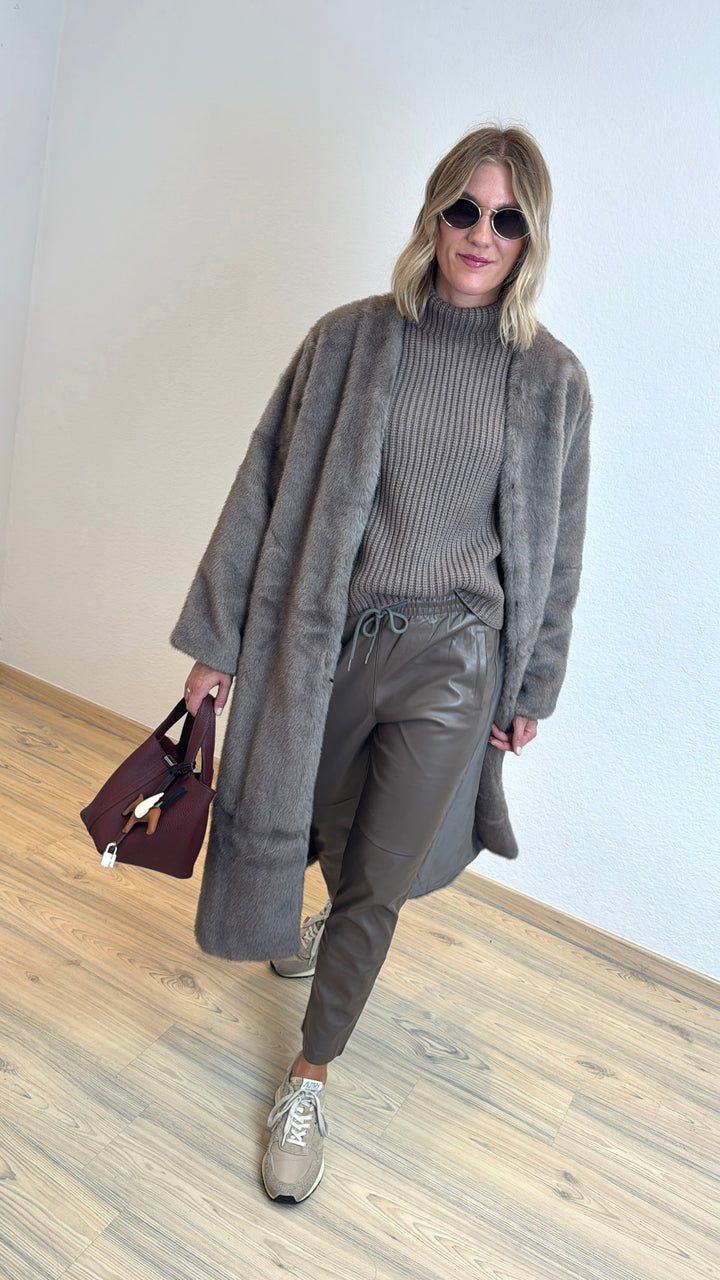 Fake-Fur Mantel - Taupe