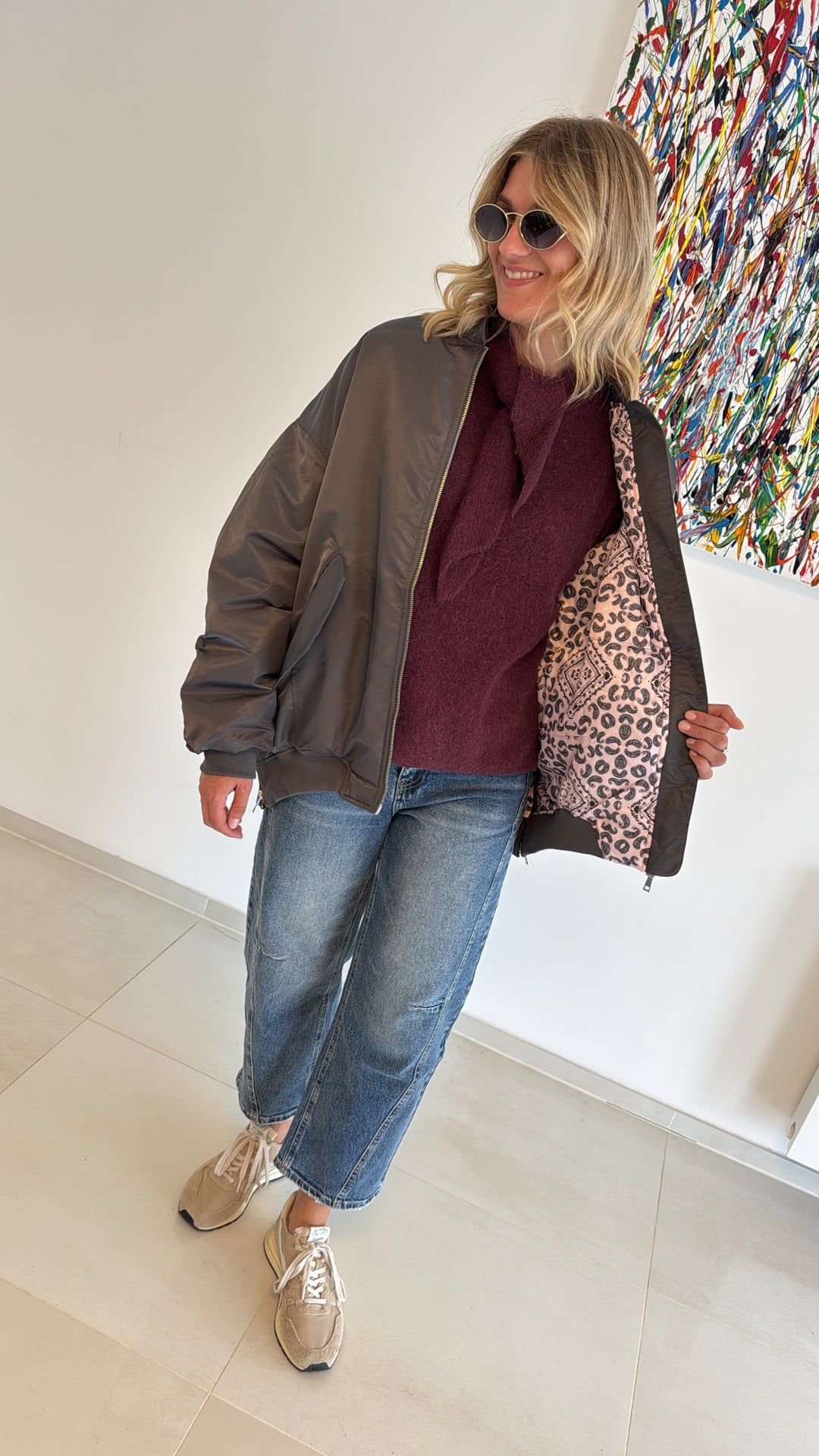 Bomberjacke mit Print - Blau/Grau