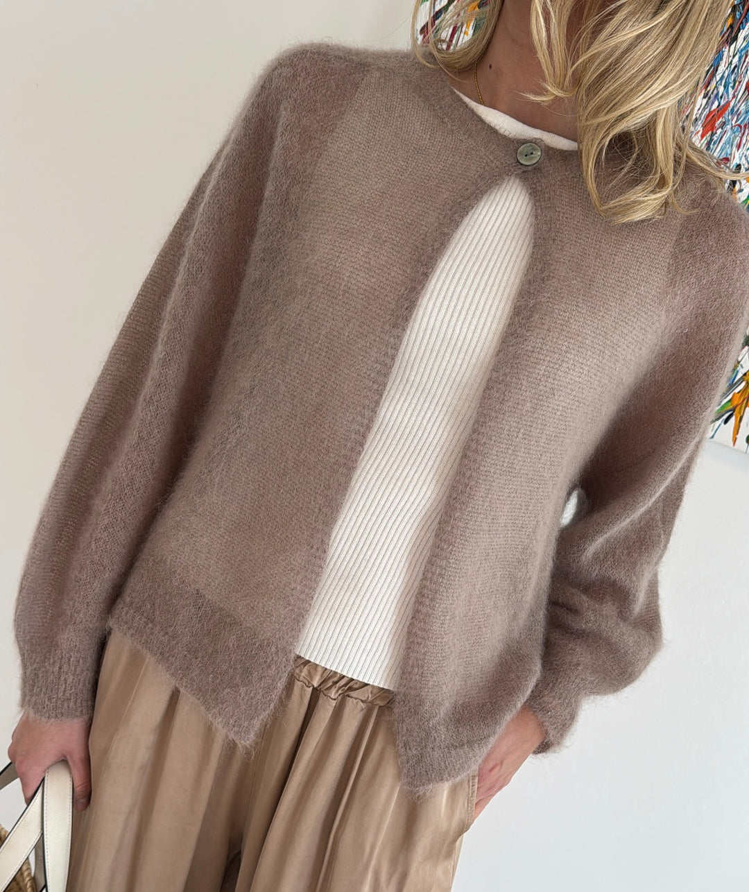 Dünne Mohair-Strickjacke - Taupe
