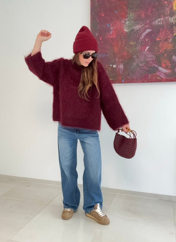 Grober Strickpullover - Burgunder