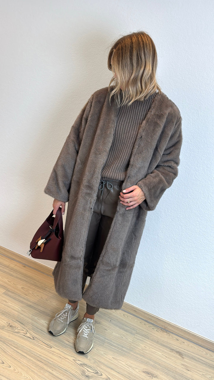 Fake-Fur Mantel - Taupe