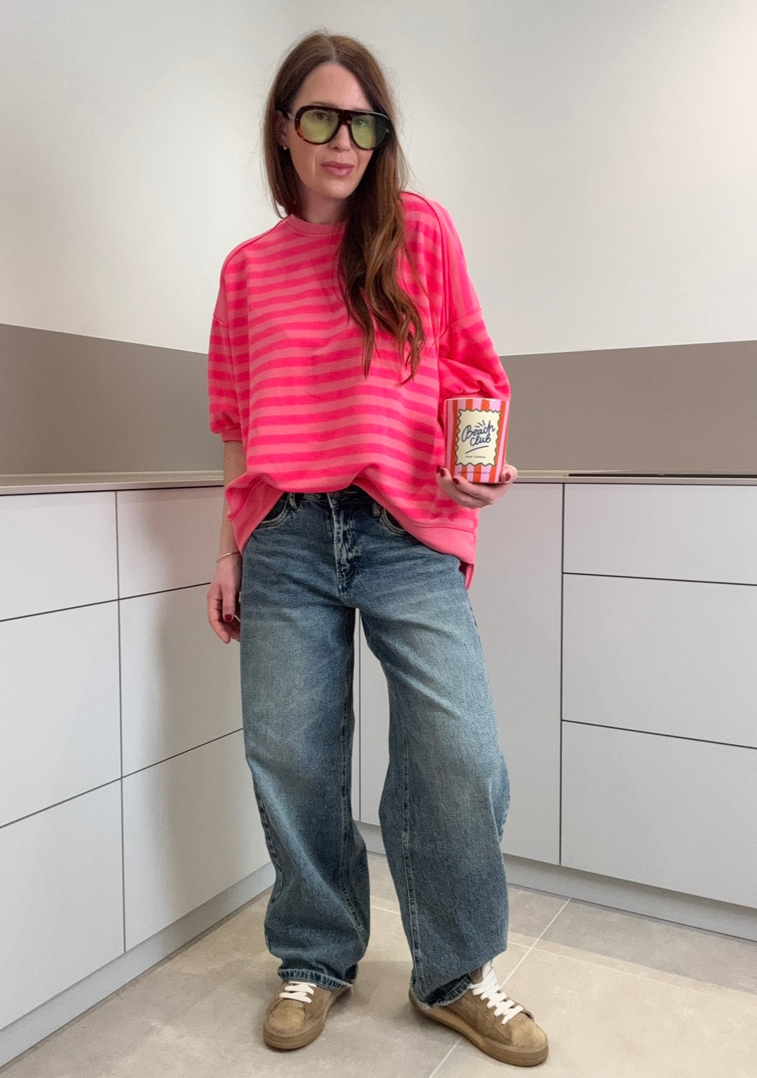 Sweater kurzarm gestreift - Pink/Rot