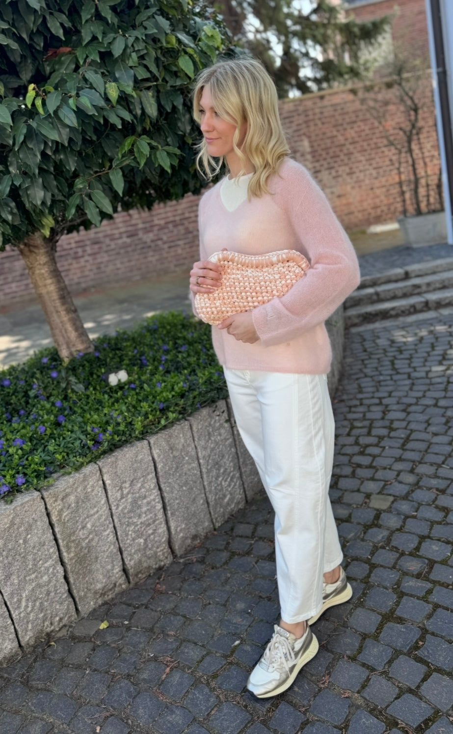 Dünner Mohair-Pullover - Rosa (V-Ausschnitt)