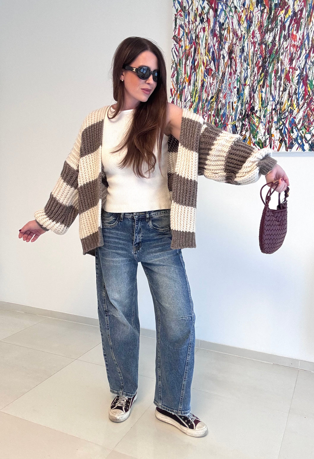 Gestreifter Cardigan - Taupe/Creme