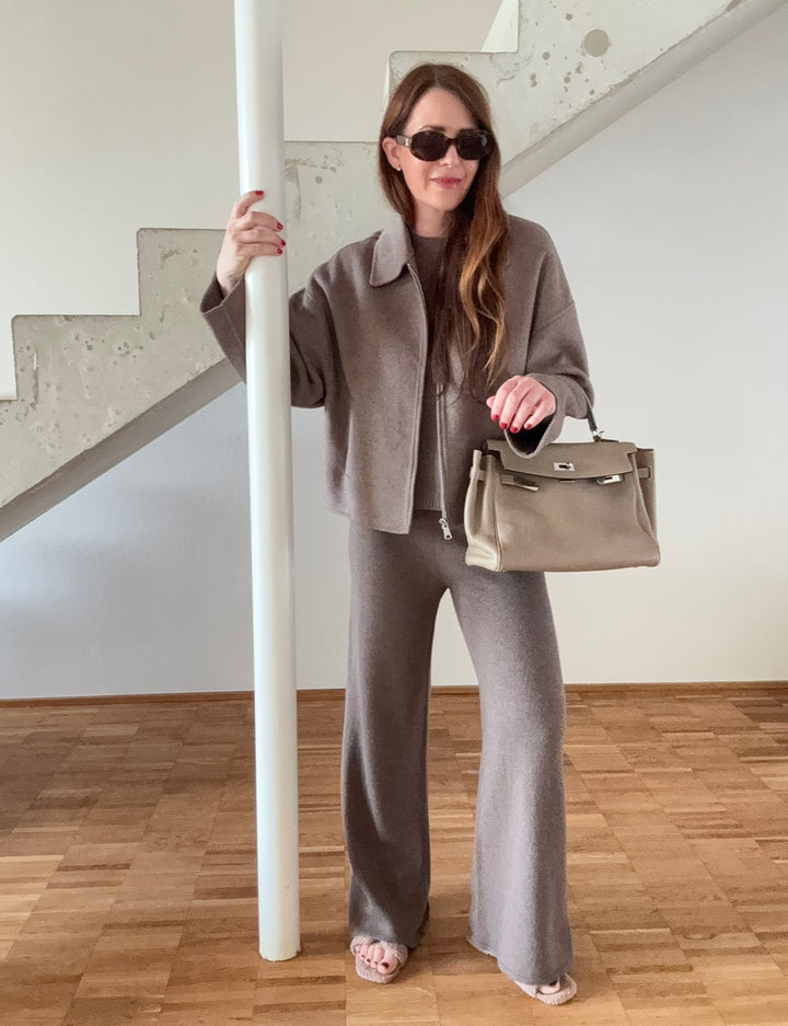 Wolljacke mit Reißverschluss - Taupe