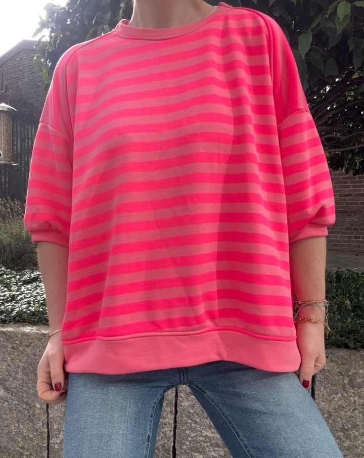 Sweater kurzarm gestreift - Pink/Rot
