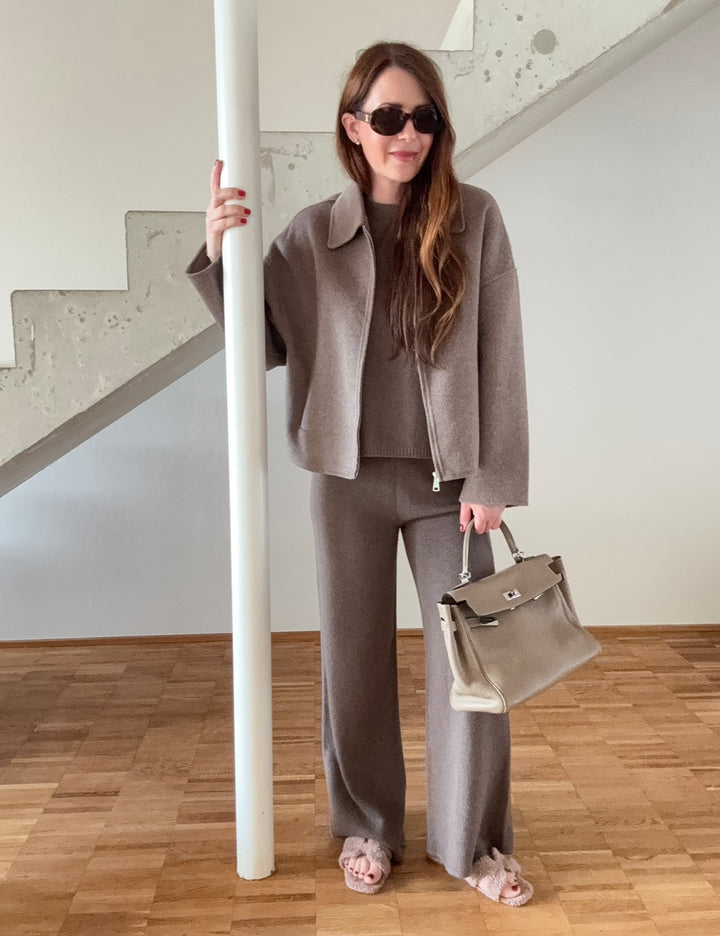Wolljacke mit Reißverschluss - Taupe