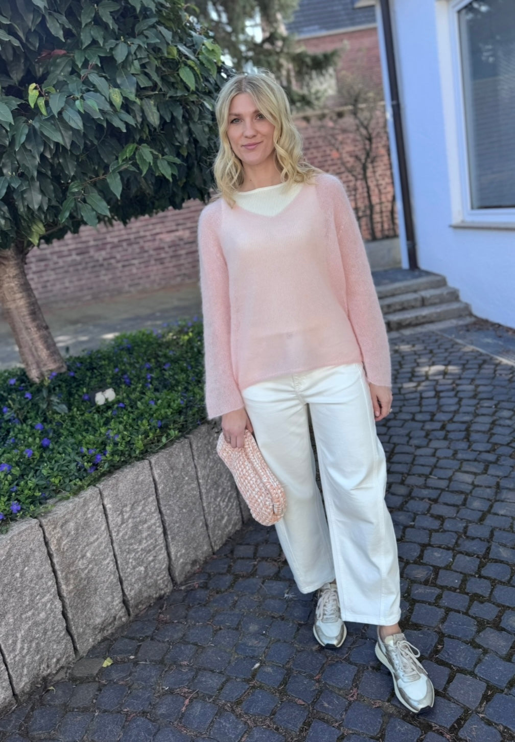 Dünner Mohair-Pullover - Rosa (V-Ausschnitt)