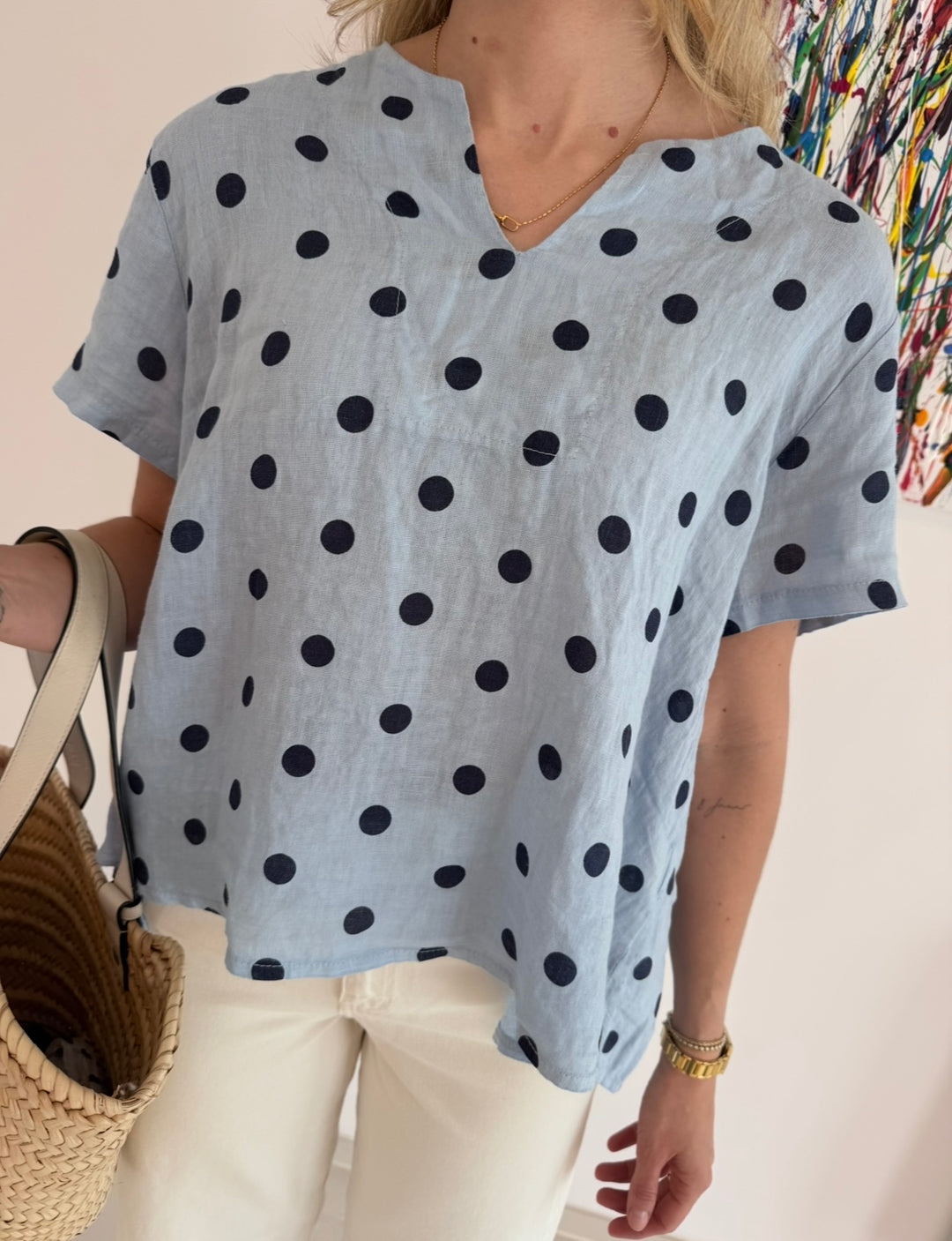 Leinenbluse mit Punkten - Hellblau