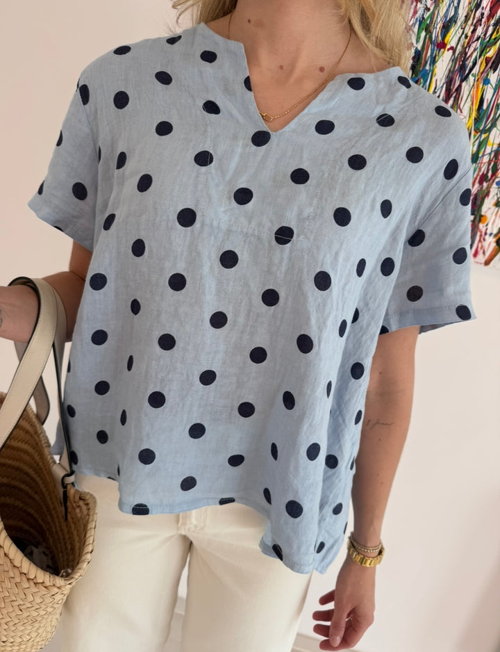Leinenbluse mit Punkten - Hellblau