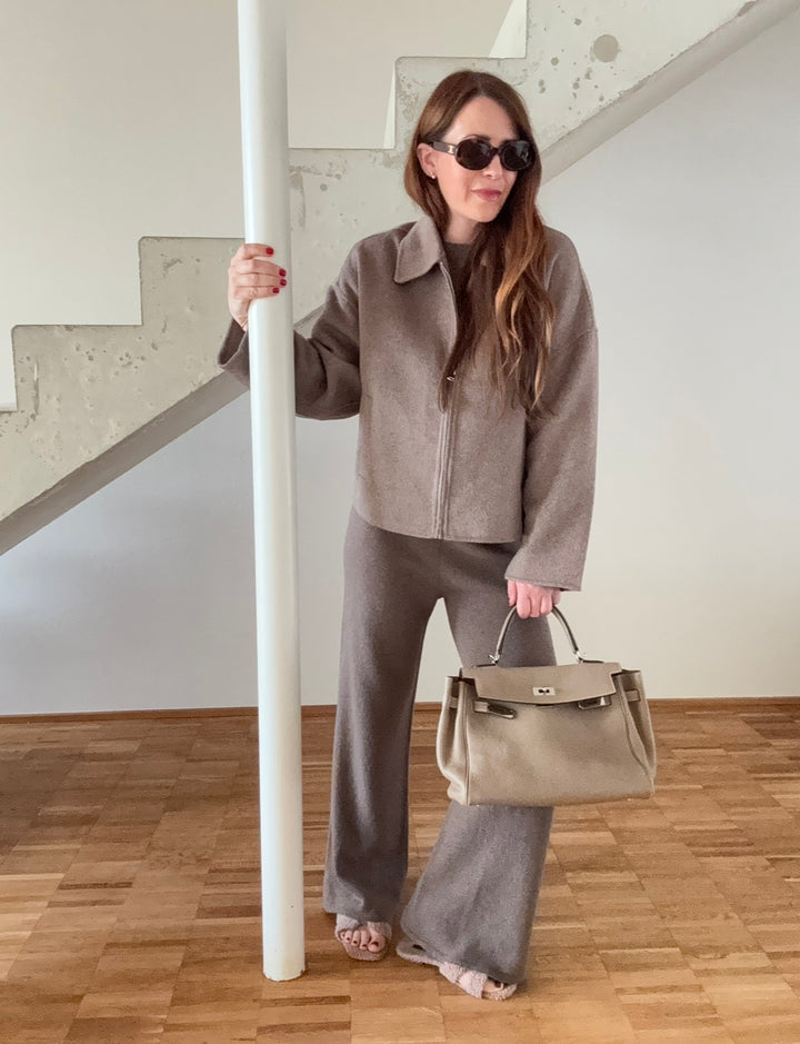 Wolljacke mit Reißverschluss - Taupe