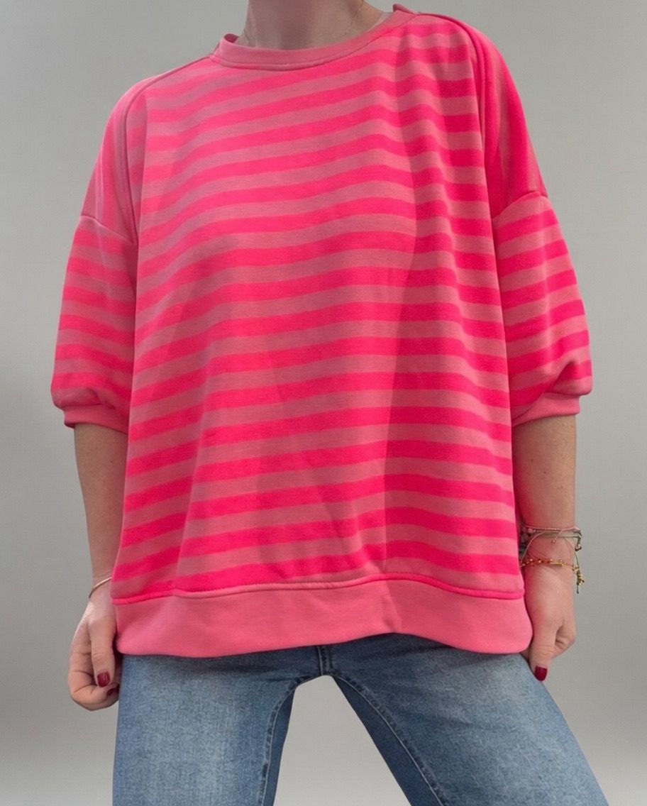 Sweater kurzarm gestreift - Pink/Rot