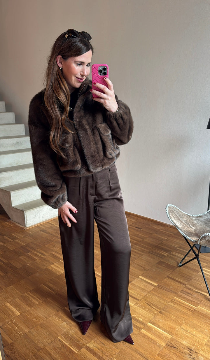 Verkürzte Fake-Fur Jacke - Braun