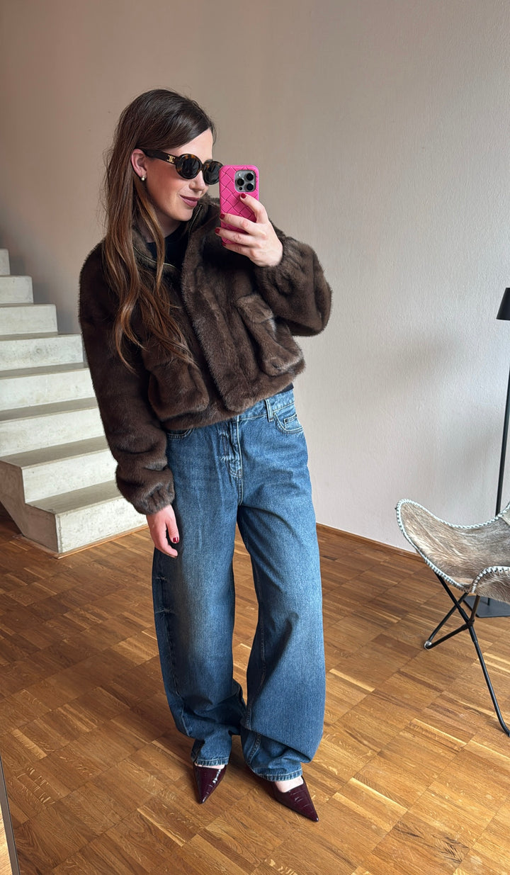 Verkürzte Fake-Fur Jacke - Braun