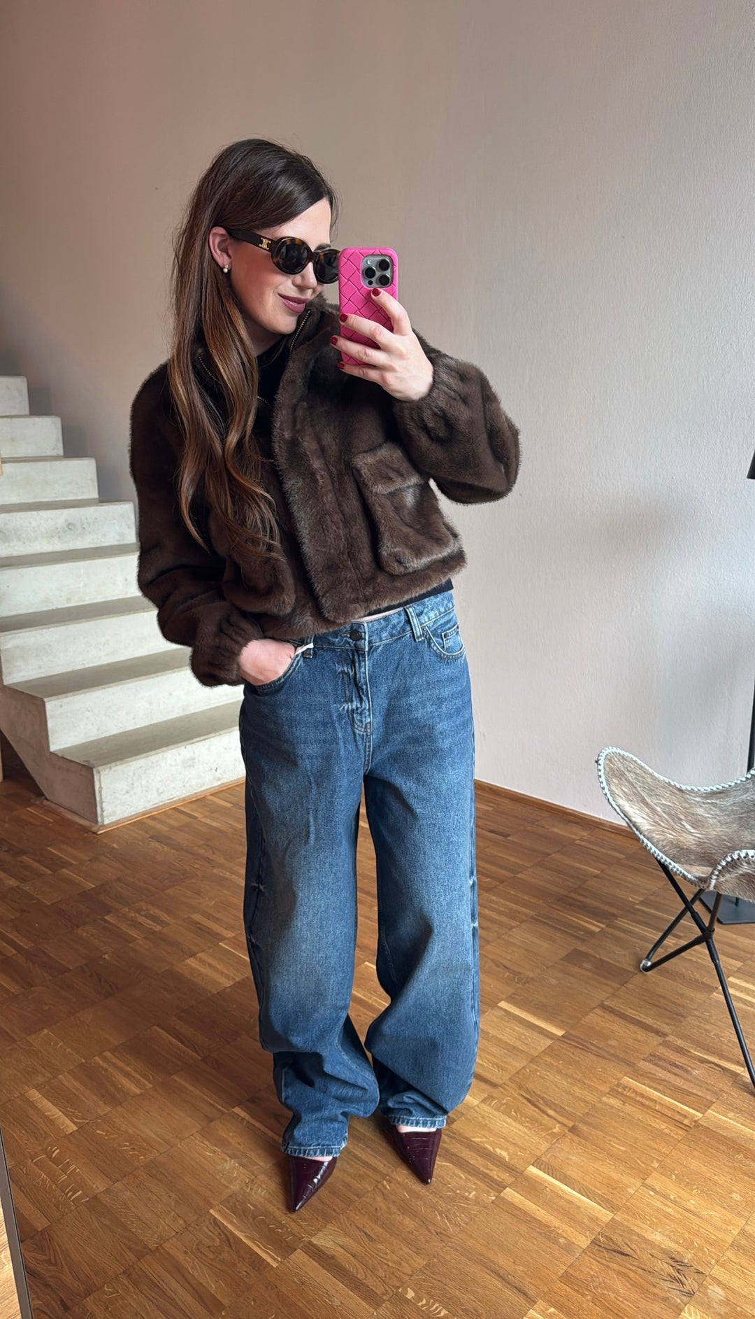 Verkürzte Fake-Fur Jacke - Braun