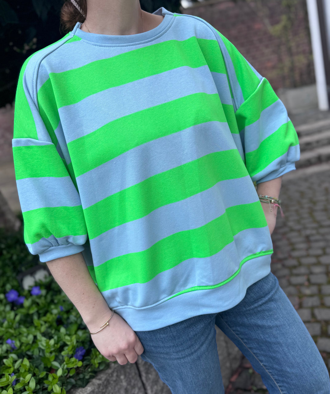 Sweater kurzarm gestreift - Blau/Grün
