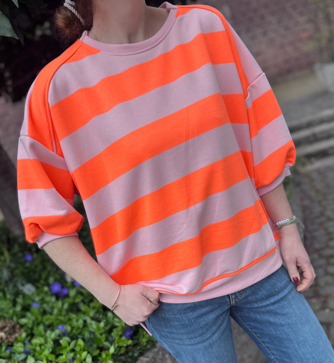 Sweater kurzarm gestreift - Rosa/Orange