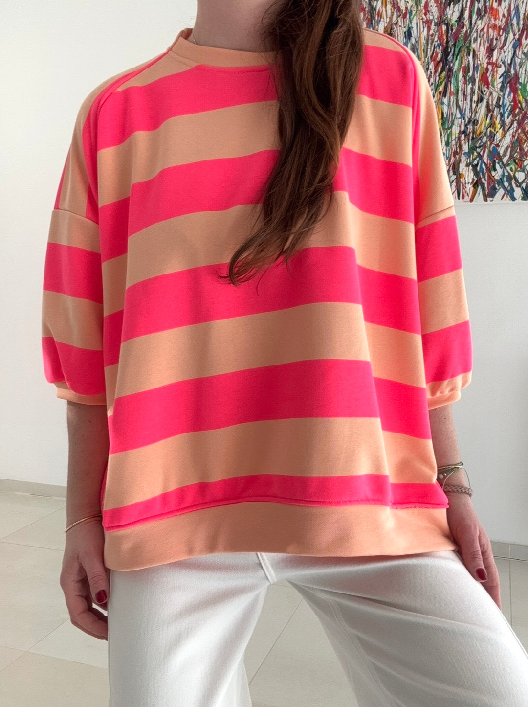 Sweater kurzarm gestreift - Orange