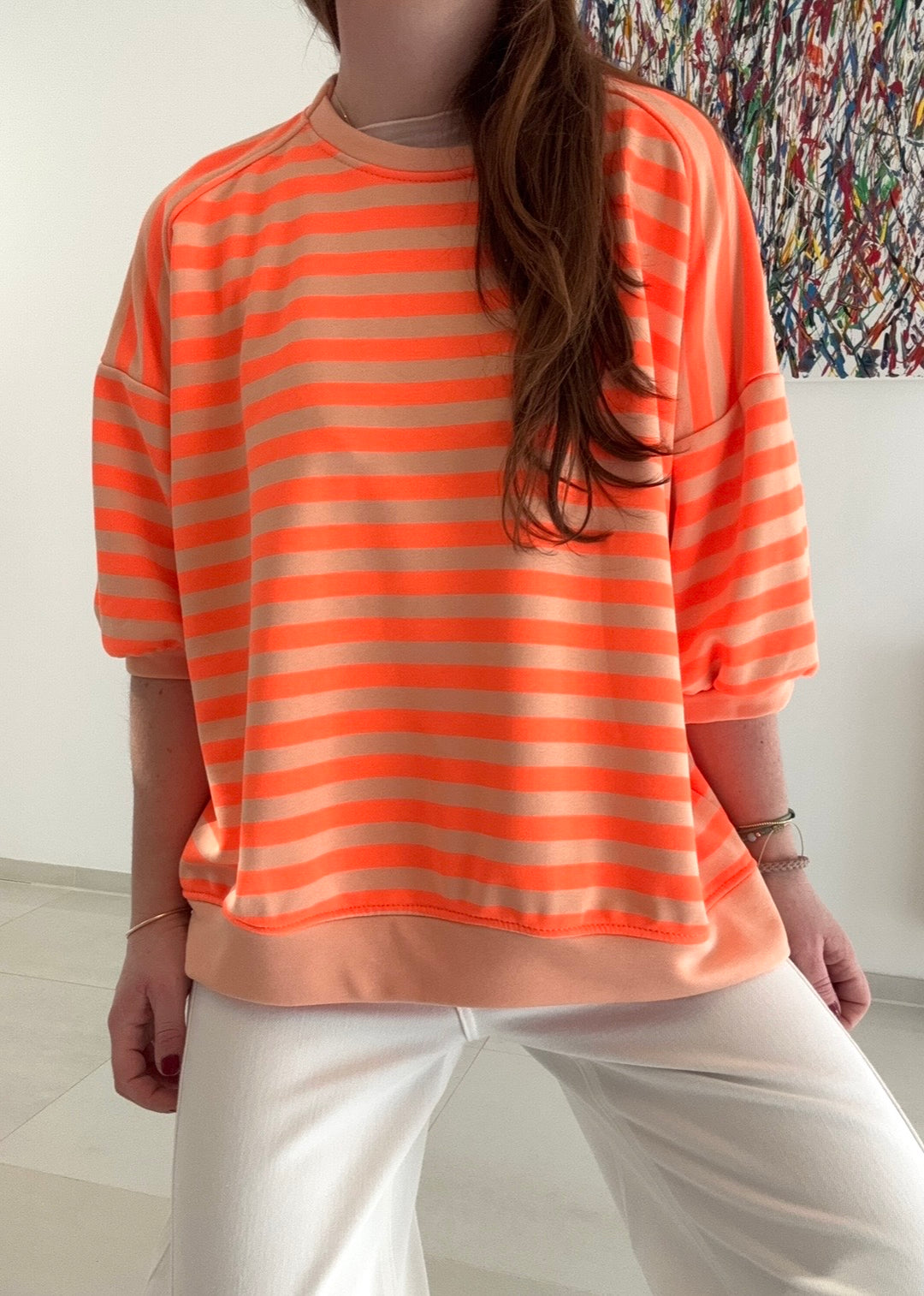 Sweater kurzarm gestreift - Orange/Orange