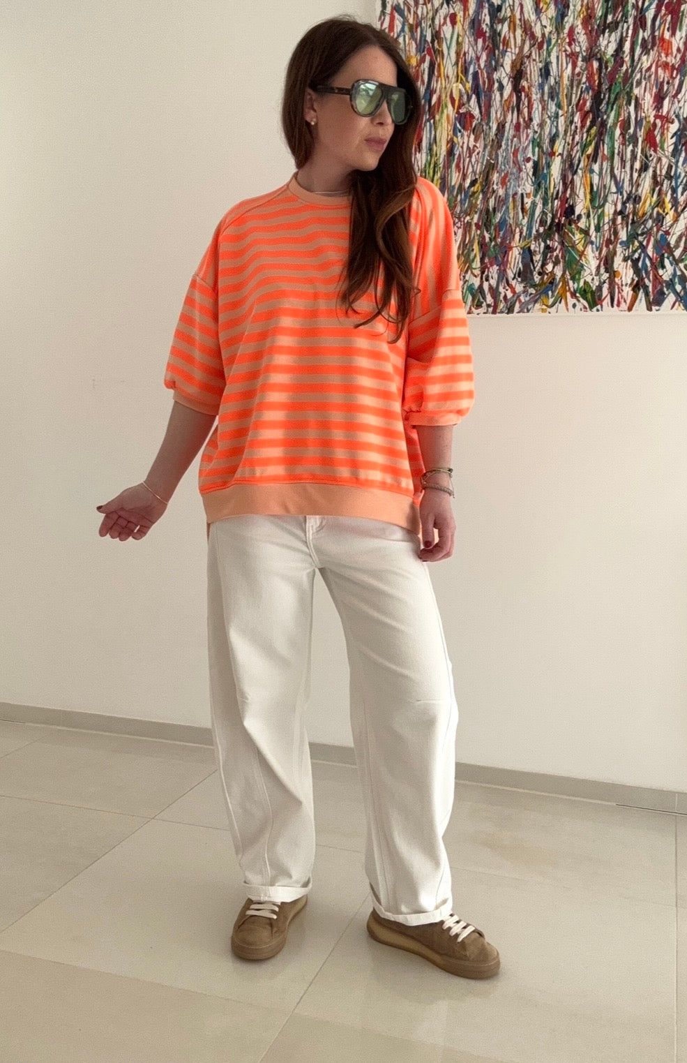 Sweater kurzarm gestreift - Orange/Orange