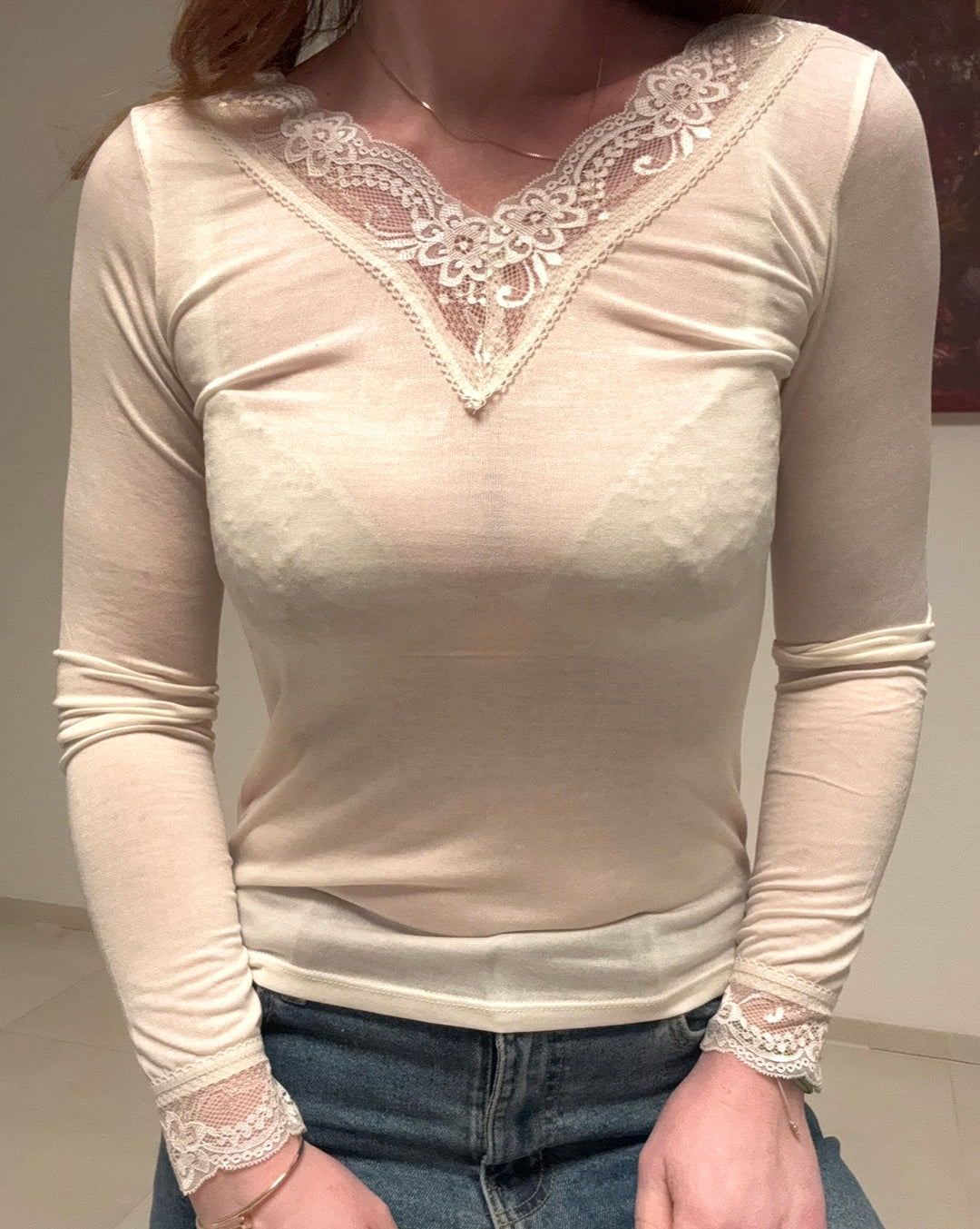 Shirt mit Kaschmir & Spitze - Creme