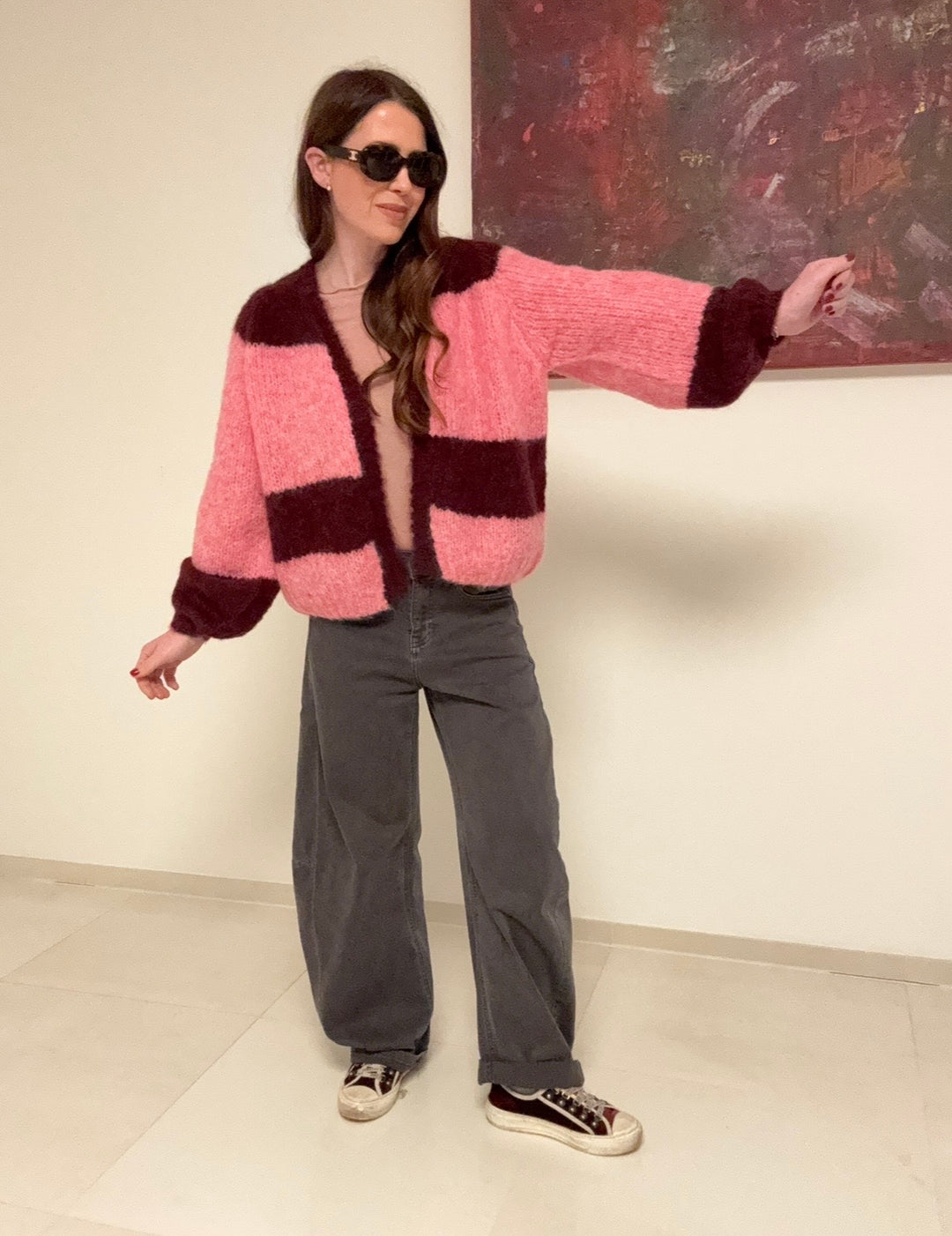 Cardigan mit Streifen - Rosa