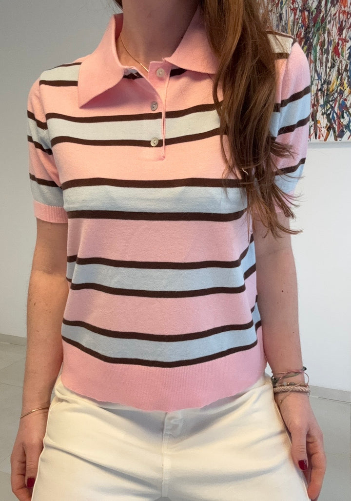 Gestreiftes Poloshirt - Rosa