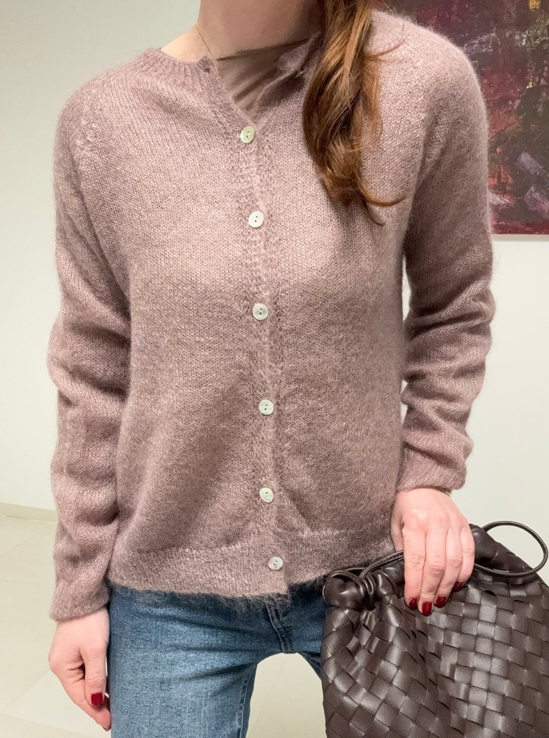 Dünne Mohair-Strickjacke - Taupe